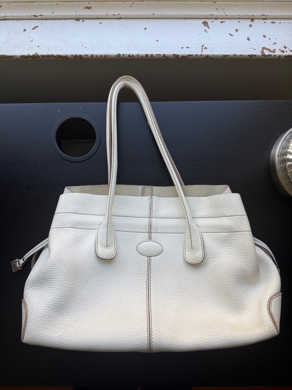 TOD'S Cream-White Pebbled Leather Tote with Top Handles